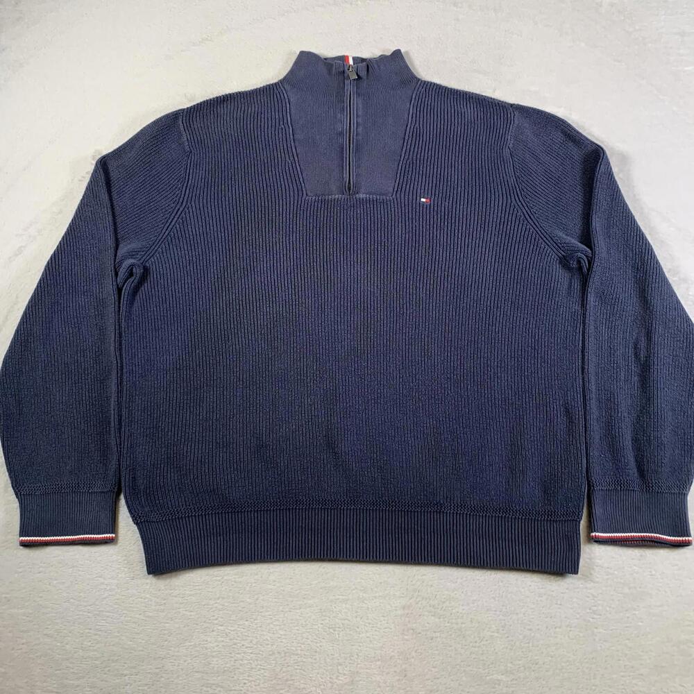Tommy Hilfiger Sweater Mens XL Navy Blue 1/4 Zip Pullover‎ 100% Cotton Rib Knit